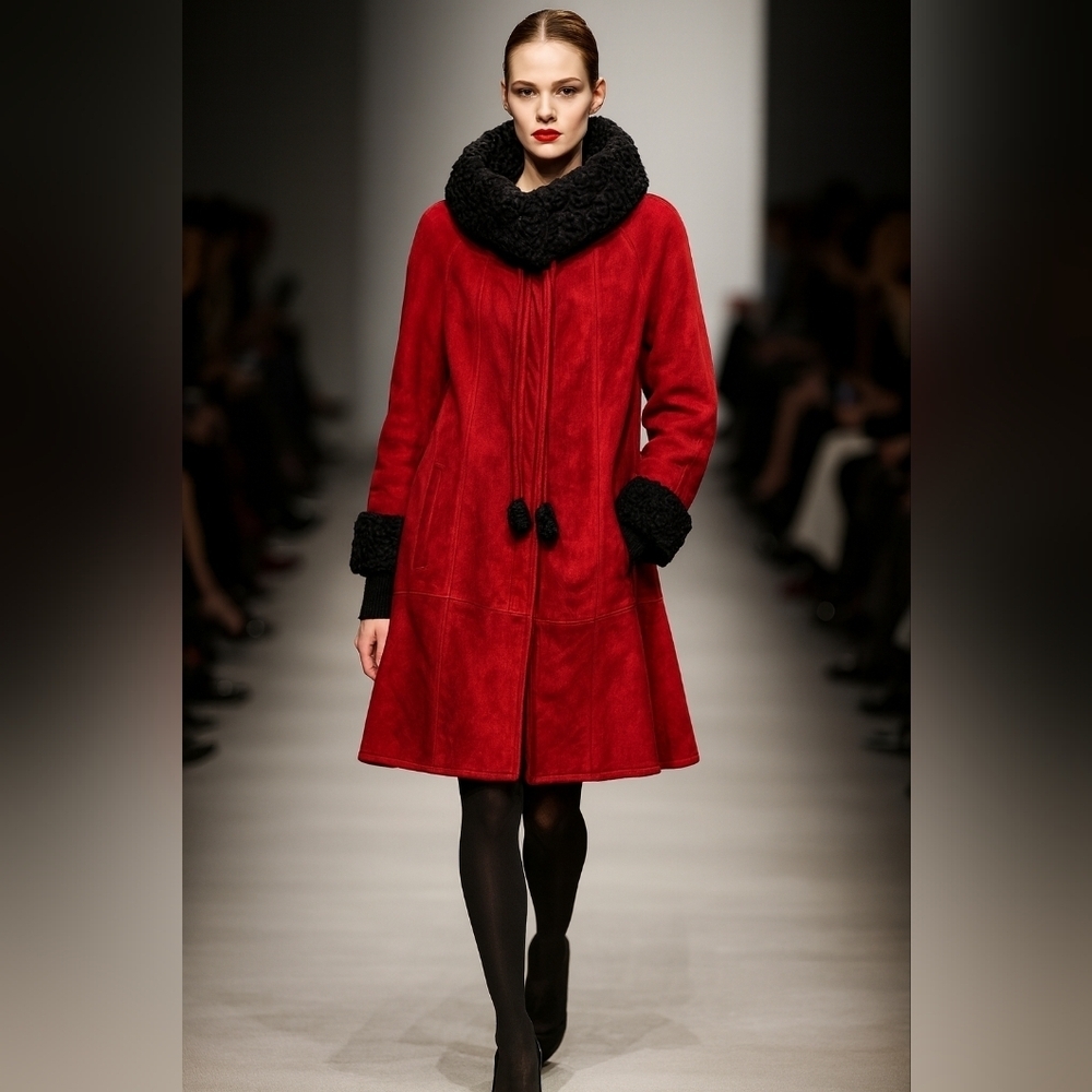 Vintage Red Suede Coat with Black Fur Trim Women’s Winter Jacket Size 40